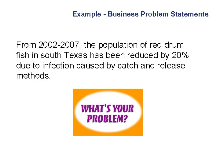 Example - Business Problem Statements From 2002 -2007, the population of red drum fish Example - Business Problem Statements From 2002 -2007, the population of red drum fish