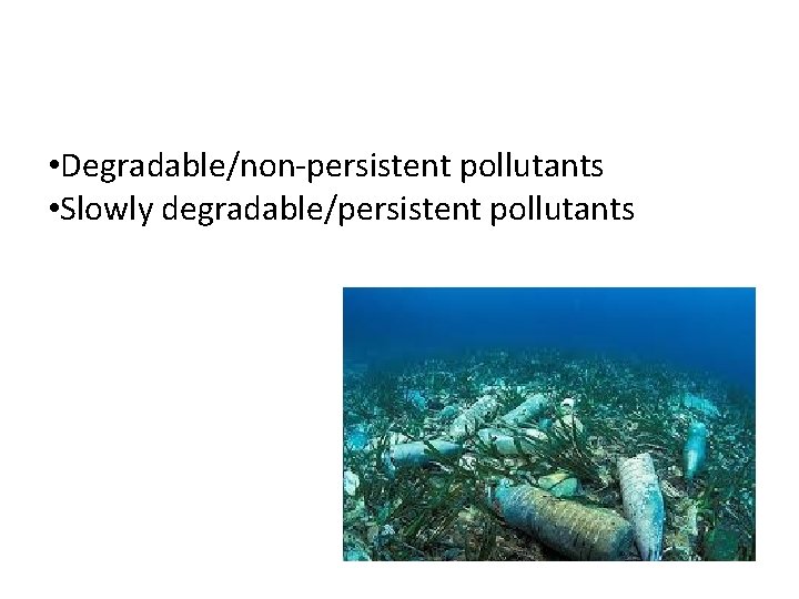 • Degradable/non-persistent pollutants • Slowly degradable/persistent pollutants 