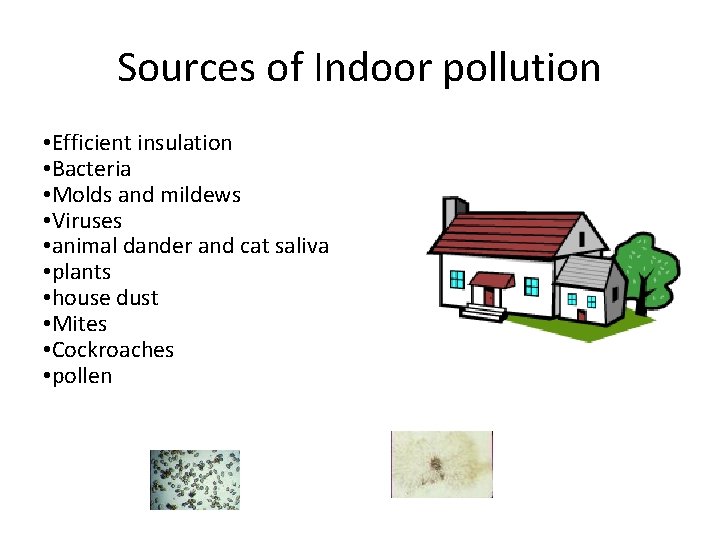 Sources of Indoor pollution • Efficient insulation • Bacteria • Molds and mildews •