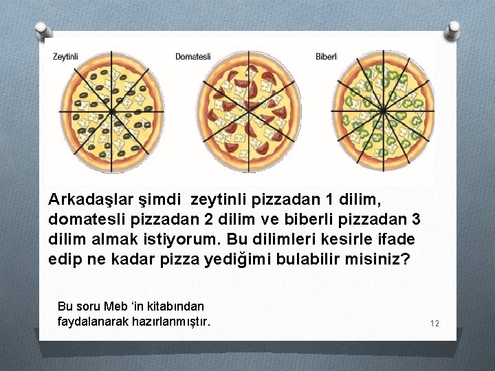 Arkadaşlar şimdi zeytinli pizzadan 1 dilim, domatesli pizzadan 2 dilim ve biberli pizzadan 3