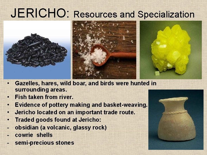 JERICHO: Resources and Specialization • Gazelles, hares, wild boar, and birds were hunted in