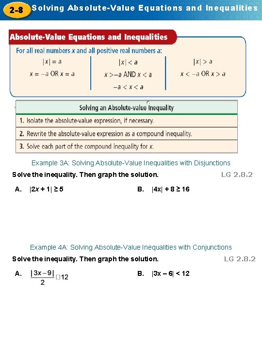 2 -8 Solving Absolute-Value Equations and Inequalities Example 3 A: Solving Absolute-Value Inequalities with
