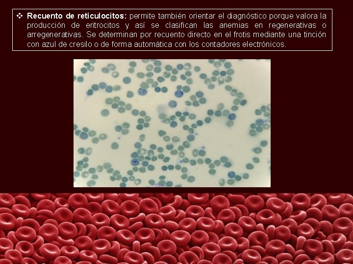 v Recuento de reticulocitos: permite también orientar el diagnóstico porque valora la producción de