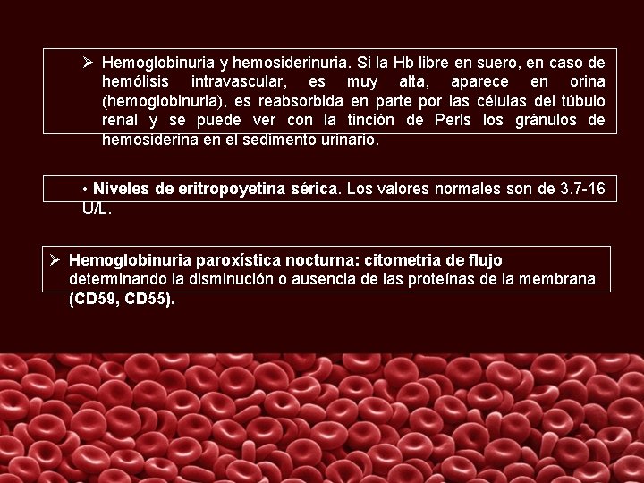 Ø Hemoglobinuria y hemosiderinuria. Si la Hb libre en suero, en caso de hemólisis