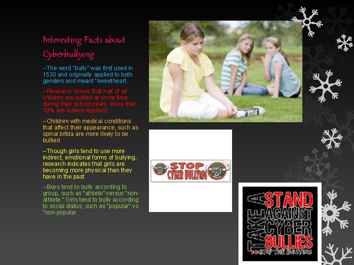 Interesting Facts about Cyberbullying --The word “bully” was first used in 1530 and originally