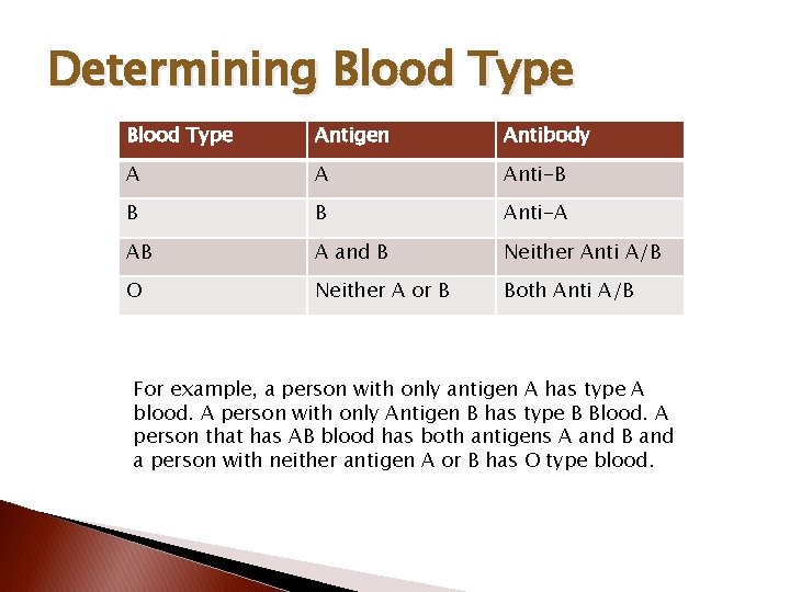 Determining Blood Type Antigen Antibody A A Anti-B B B Anti-A AB A and