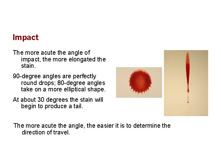 Impact The more acute the angle of impact, the more elongated the stain. 90