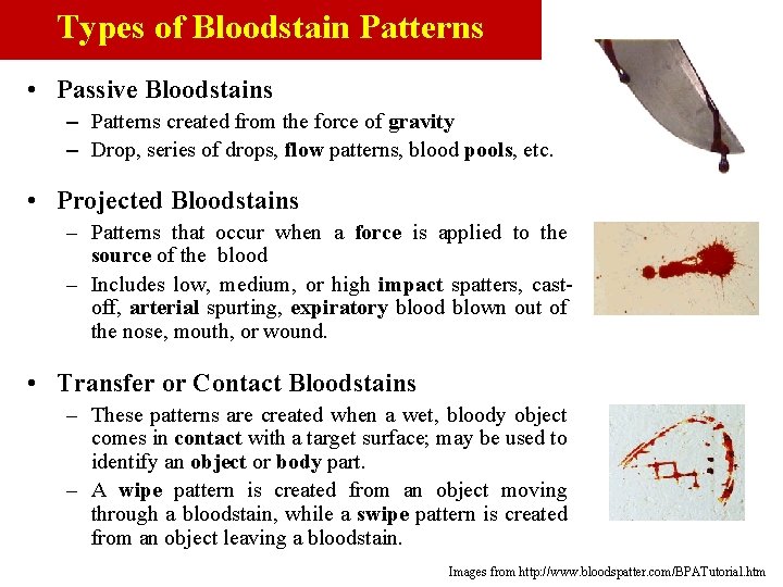 Types of Bloodstain Patterns • Passive Bloodstains – Patterns created from the force of