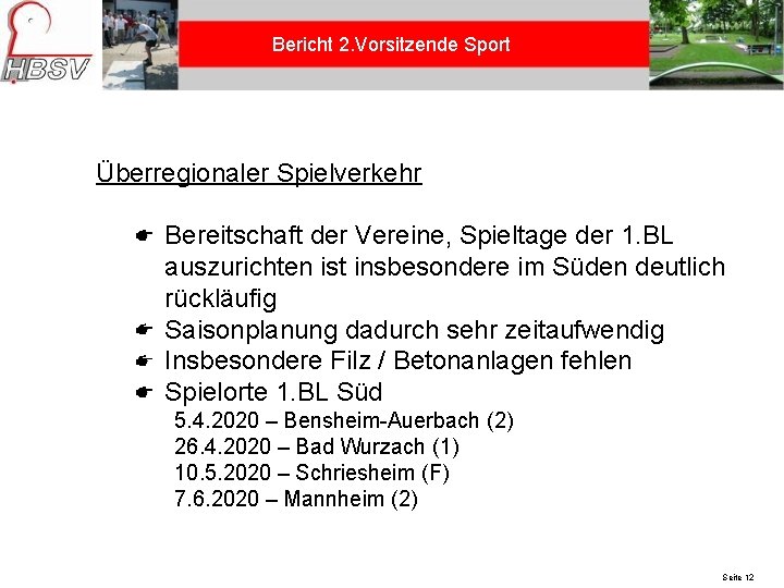 Bericht 2. Vorsitzende Sport Überregionaler Spielverkehr Bereitschaft der Vereine, Spieltage der 1. BL auszurichten