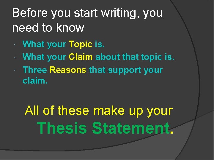 Before you start writing, you need to know What your Topic is. What your