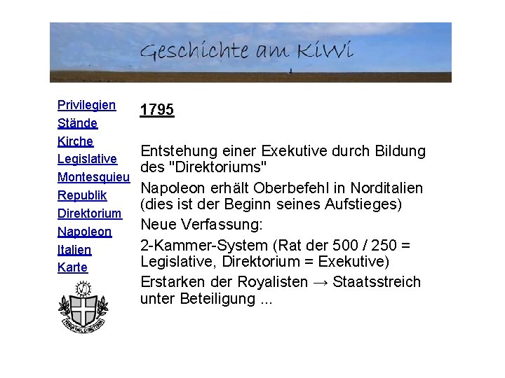 Privilegien Stände Kirche Legislative Montesquieu Republik Direktorium Napoleon Italien Karte 1795 Entstehung einer Exekutive