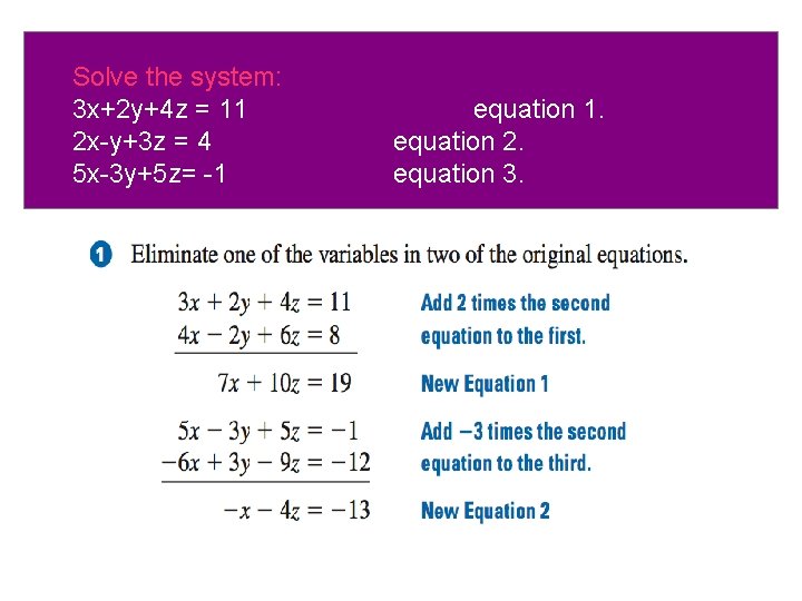 Solve the system: 3 x+2 y+4 z = 11 2 x-y+3 z = 4