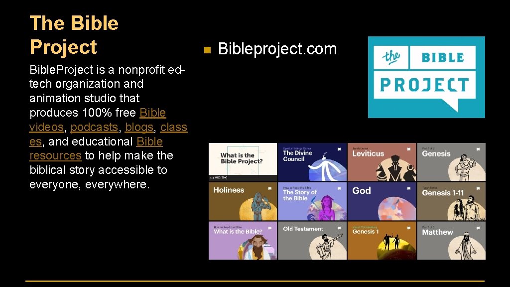 The Bible Project Bible. Project is a nonprofit edtech organization and animation studio that
