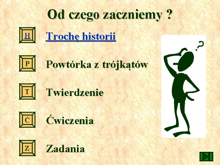 Od czego zaczniemy ? H Trochę historii P Powtórka z trójkątów T Twierdzenie Ć