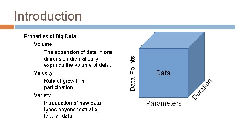 Introduction Properties of Big Data Volume The expansion of data in one dimension dramatically