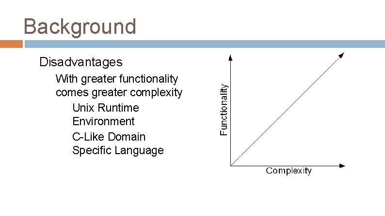 Background Disadvantages With greater functionality comes greater complexity Unix Runtime Environment C-Like Domain Specific