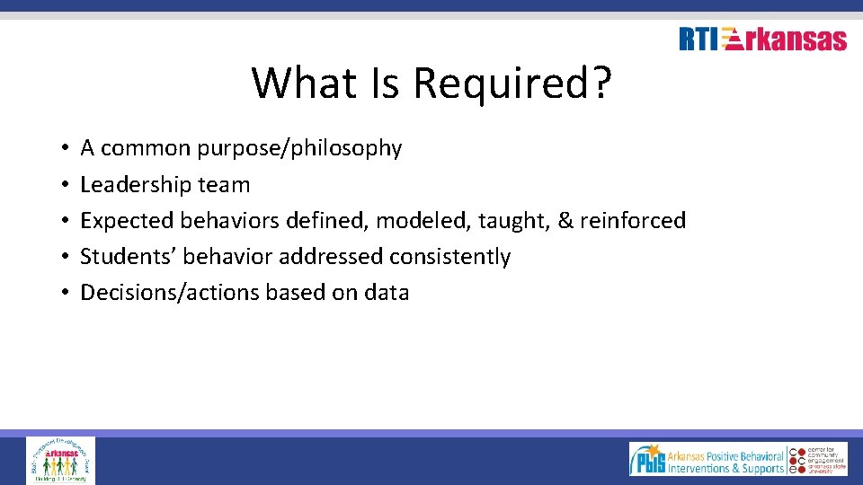 What Is Required? • • • A common purpose/philosophy Leadership team Expected behaviors defined,