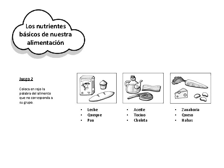Los nutrientes básicos de nuestra alimentación Juego 2 Coloca en rojo la palabra del
