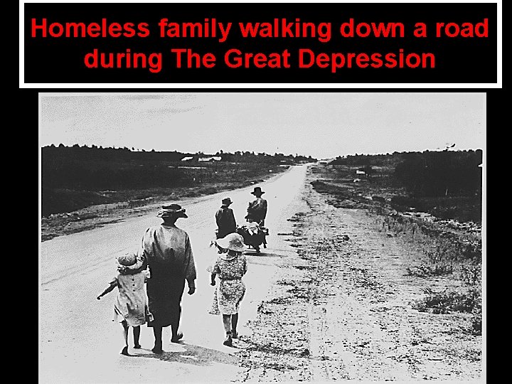 Homeless family walking down a road during The Great Depression 