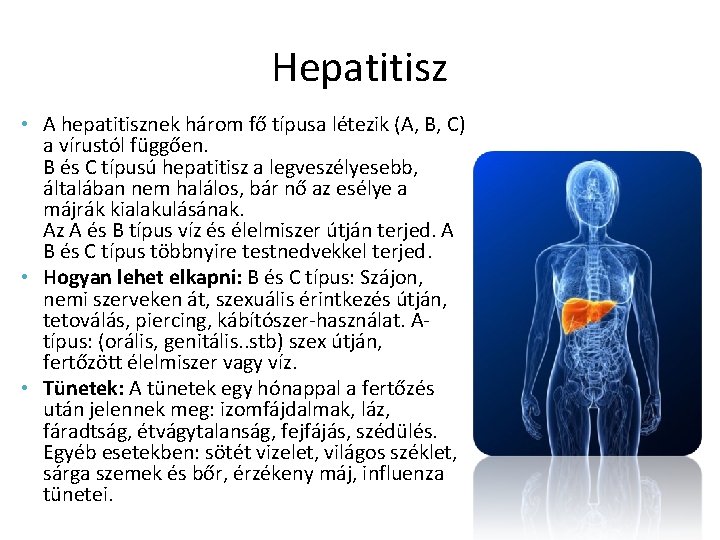 Hepatitisz • A hepatitisznek három fő típusa létezik (A, B, C) a vírustól függően.