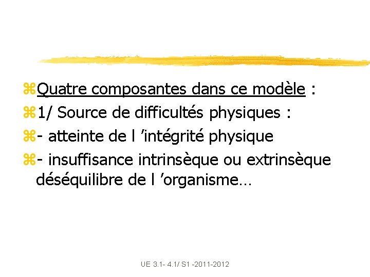 z. Quatre composantes dans ce modèle : z 1/ Source de difficultés physiques :