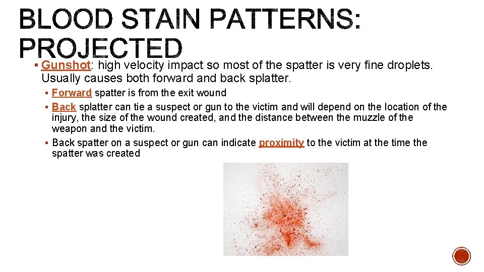 § Gunshot: high velocity impact so most of the spatter is very fine droplets.
