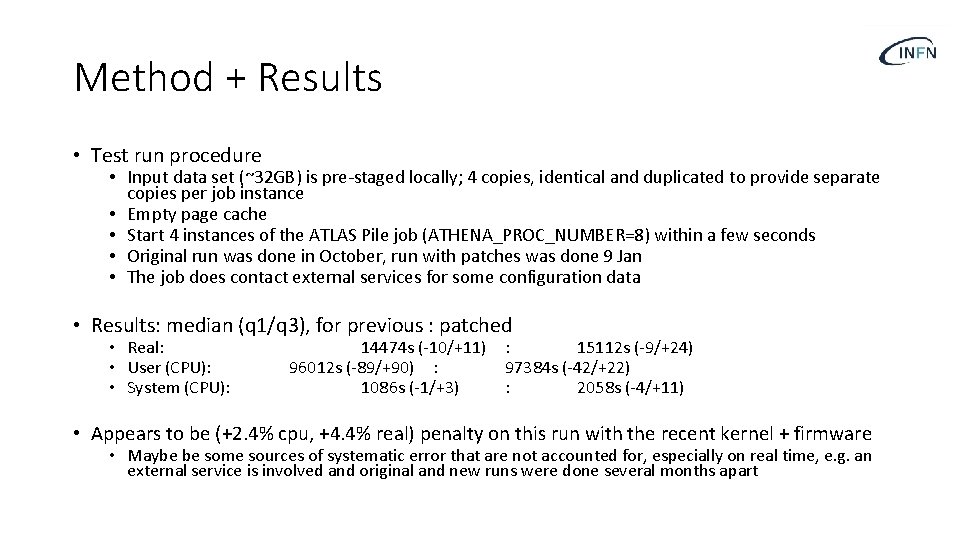 Method + Results • Test run procedure • Input data set (~32 GB) is