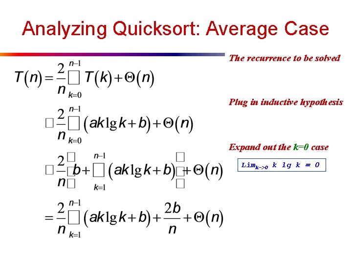 Analyzing Quicksort: Average Case The recurrence to be solved Plug What in inductive are