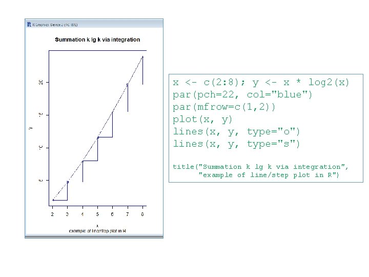 x <- c(2: 8); y <- x * log 2(x) par(pch=22, col="blue") par(mfrow=c(1, 2))