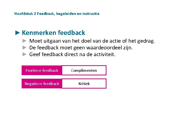 Hoofdstuk 2 Feedback, begeleiden en instructie ► Kenmerken feedback ► Moet uitgaan van het