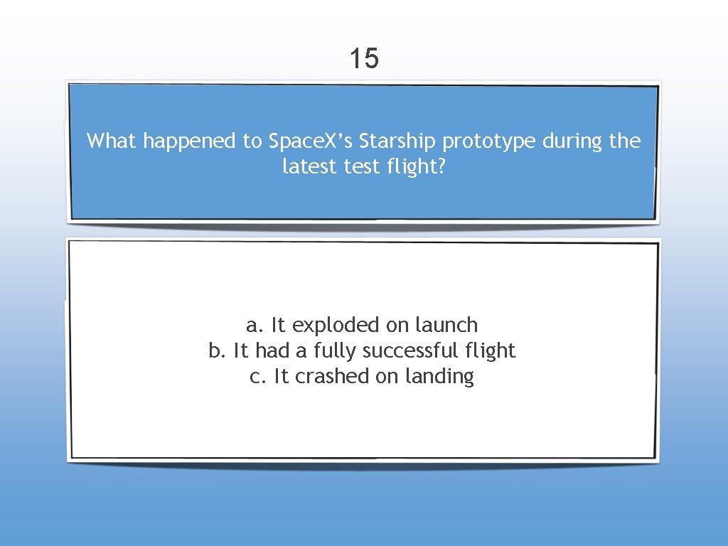 15 What happened to Space. X’s Starship prototype during the latest flight? a. It