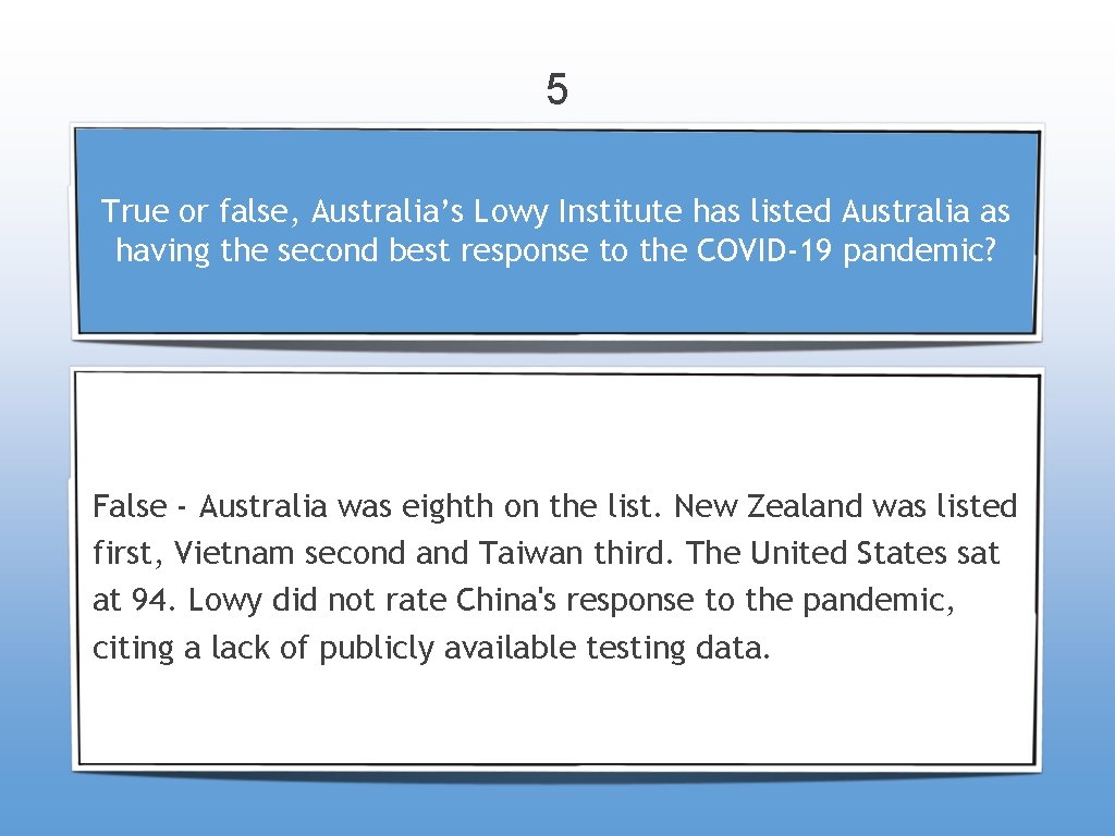 5 True or false, Australia’s Lowy Institute has listed Australia as having the second