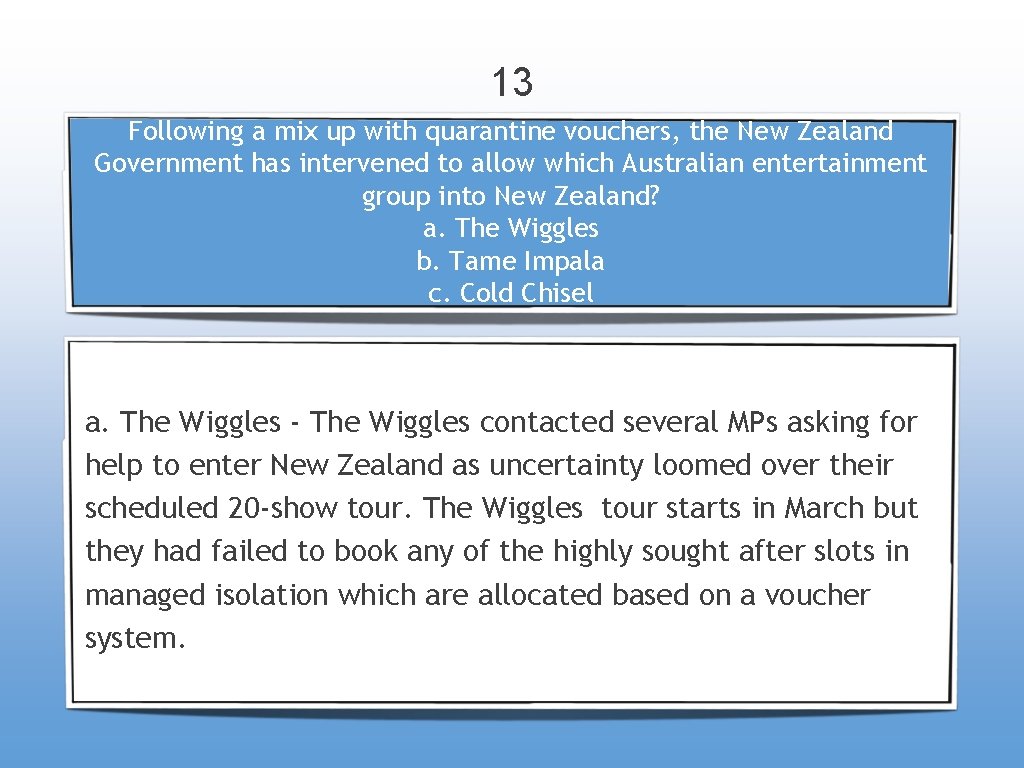 13 Following a mix up with quarantine vouchers, the New Zealand Government has intervened