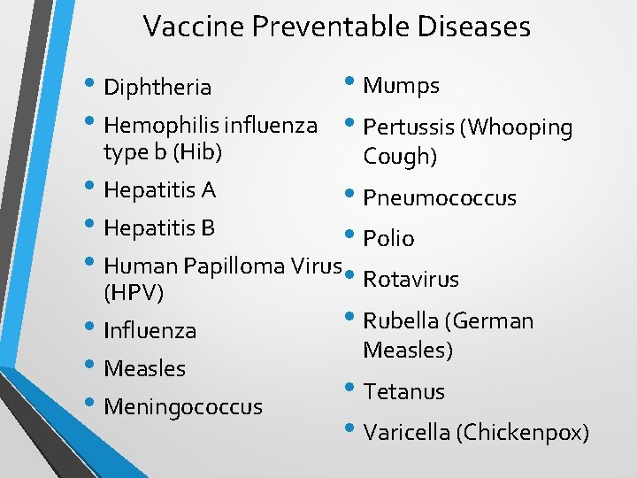 Vaccine Preventable Diseases • Mumps • Diphtheria • Hemophilis influenza • Pertussis (Whooping type