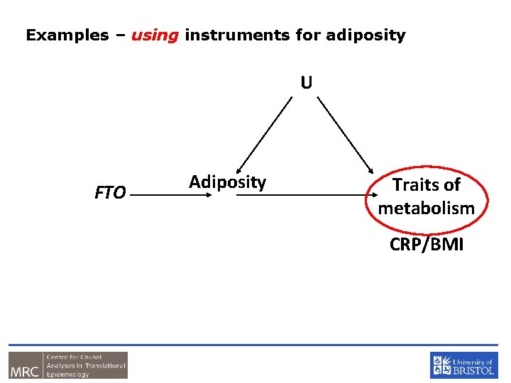 Examples – using instruments for adiposity U FTO Adiposity Traits of metabolism CRP/BMI 