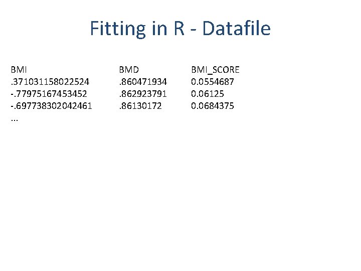 Fitting in R - Datafile BMI. 371031158022524 -. 77975167453452 -. 697738302042461. . . BMD.