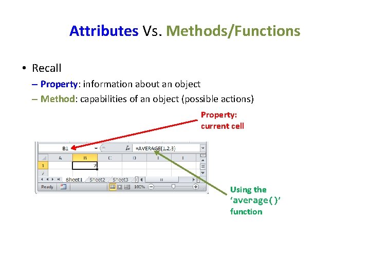 Attributes Vs. Methods/Functions • Recall – Property: information about an object – Method: capabilities