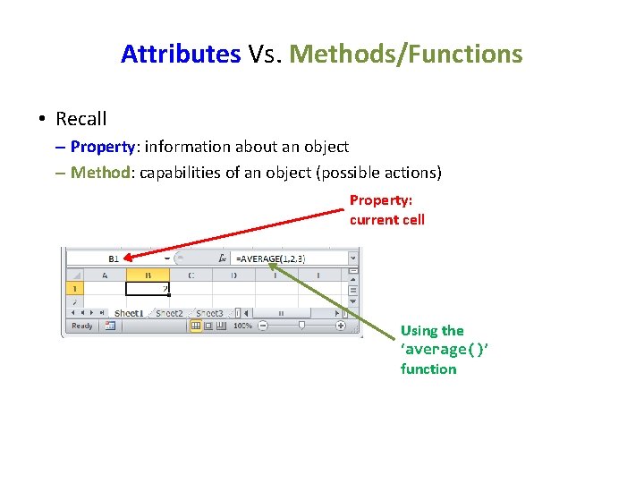 Attributes Vs. Methods/Functions • Recall – Property: information about an object – Method: capabilities