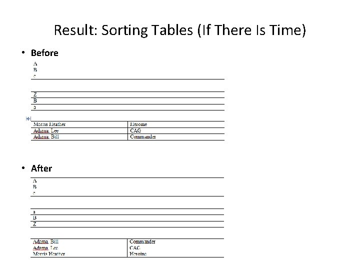 Result: Sorting Tables (If There Is Time) • Before • After 