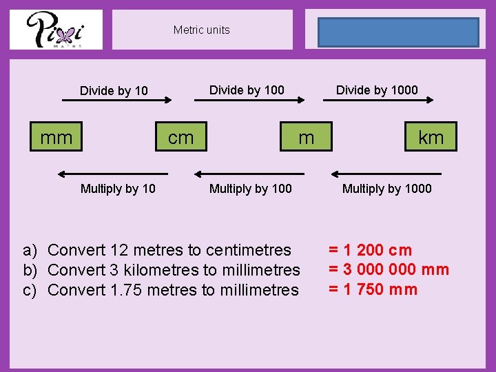 24 May 2021 Metric units Divide by 100 Divide by 10 mm cm Multiply