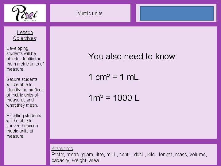 Metric units 24 May 2021 Lesson Objectives: Developing students will be able to identify
