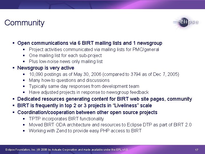 Community § Open communications via 6 BIRT mailing lists and 1 newsgroup § Project