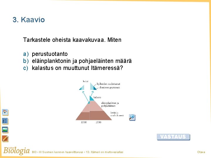 3. Kaavio Tarkastele oheista kaavakuvaa. Miten a) perustuotanto b) eläinplanktonin ja pohjaeläinten määrä c)