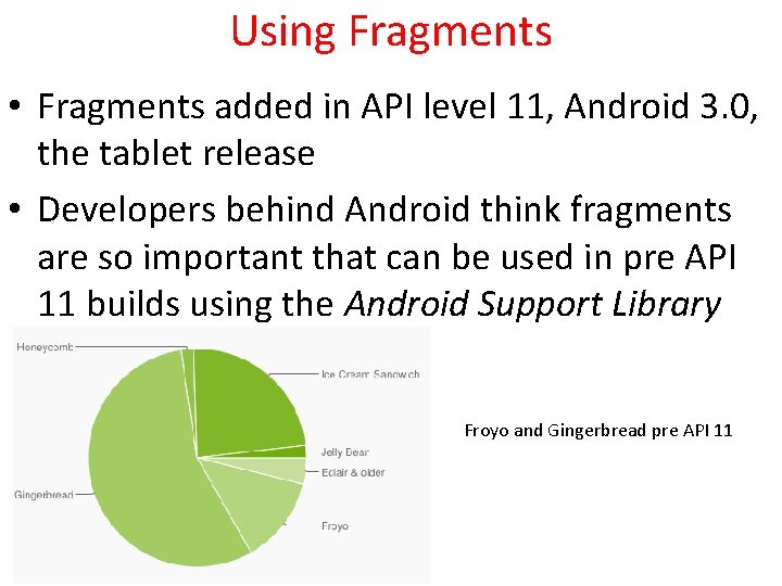 Using Fragments • Fragments added in API level 11, Android 3. 0, the tablet