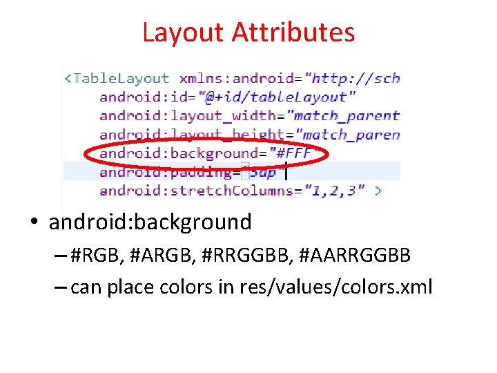 Layout Attributes • android: background – #RGB, #ARGB, #RRGGBB, #AARRGGBB – can place colors