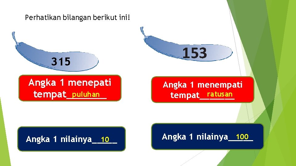 Perhatikan bilangan berikut ini! 315 Angka 1 menepati puluhan tempat_______ 10 Angka 1 nilainya_____