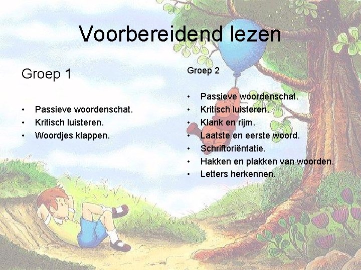 Voorbereidend lezen Groep 1 • • • Passieve woordenschat. Kritisch luisteren. Woordjes klappen. Groep