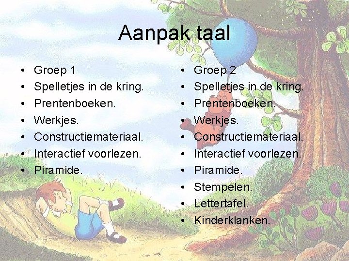 Aanpak taal • • Groep 1 Spelletjes in de kring. Prentenboeken. Werkjes. Constructiemateriaal. Interactief