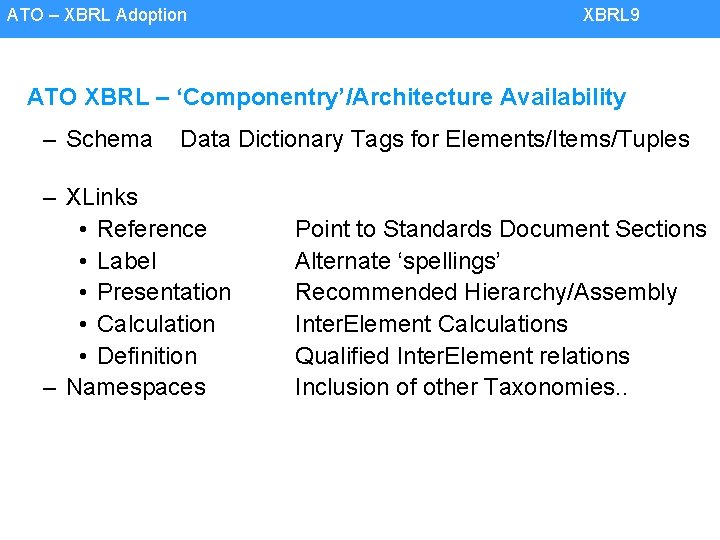 ATO – XBRL Adoption XBRL 9 ATO XBRL – ‘Componentry’/Architecture Availability – Schema Data