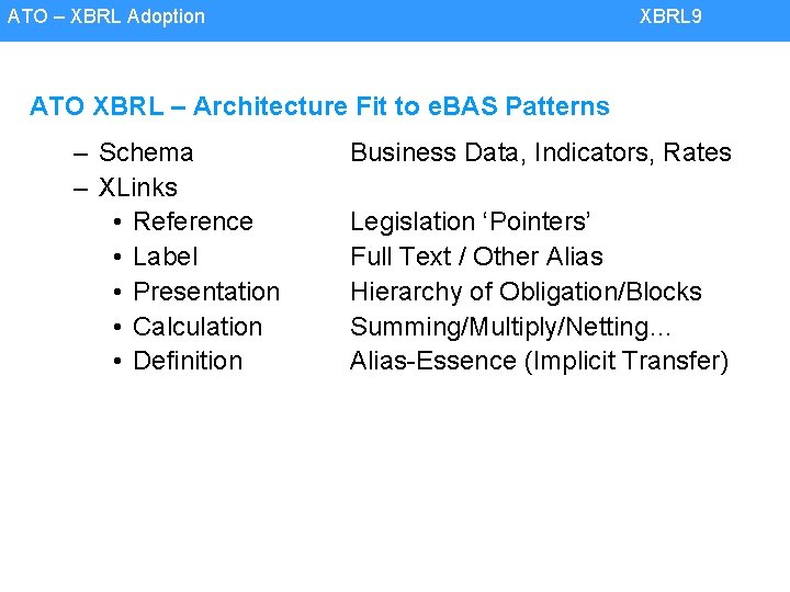 ATO – XBRL Adoption XBRL 9 ATO XBRL – Architecture Fit to e. BAS
